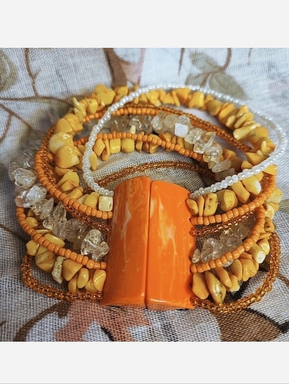 Marble Swirled Orange Lucite Tumbled Stone 8 Strand Magnet Vintage Bracelet EUC
